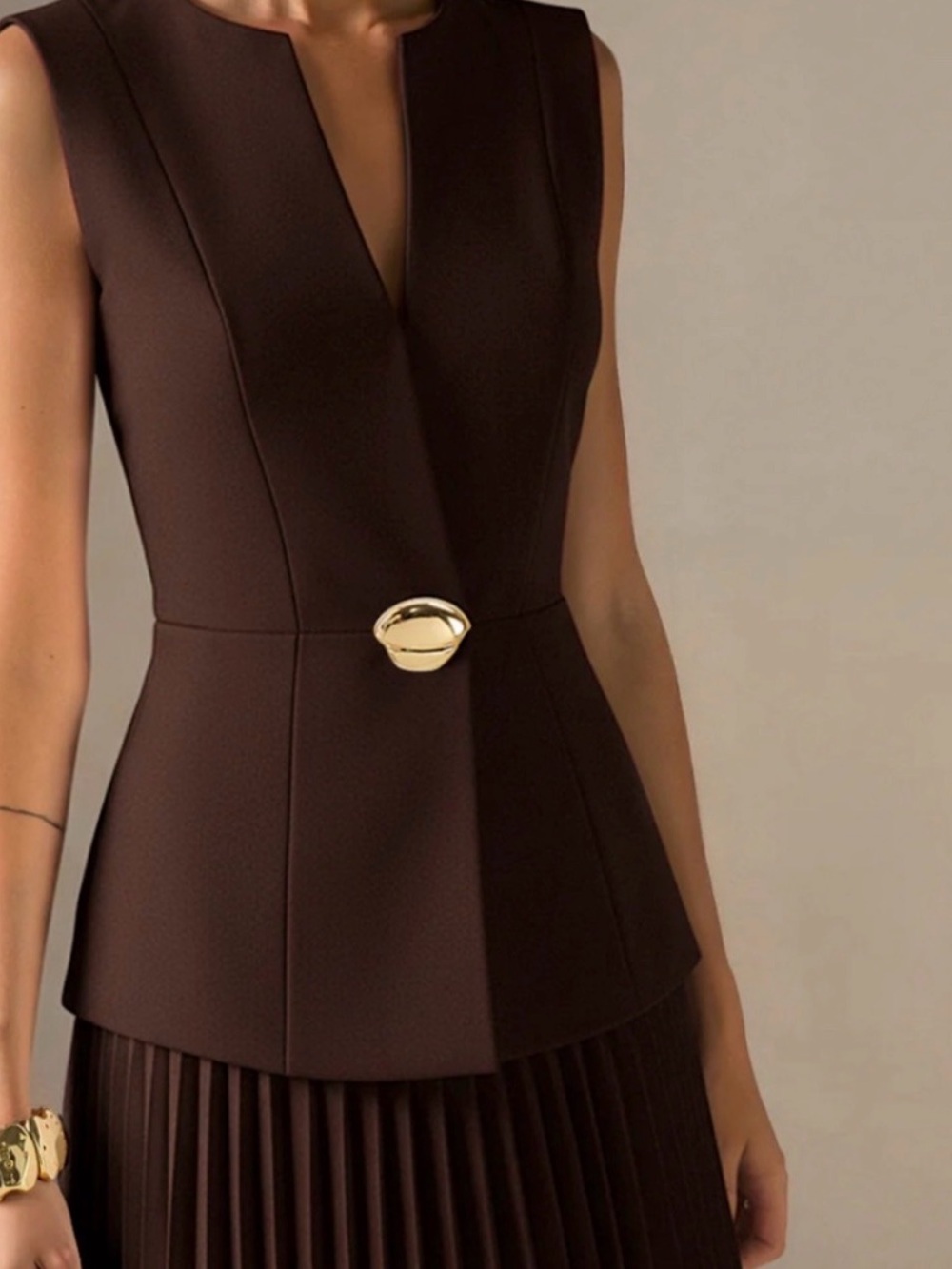 Commense Brown Sleeveless V-Neck Peplum Dress with Gold Accent Knee length